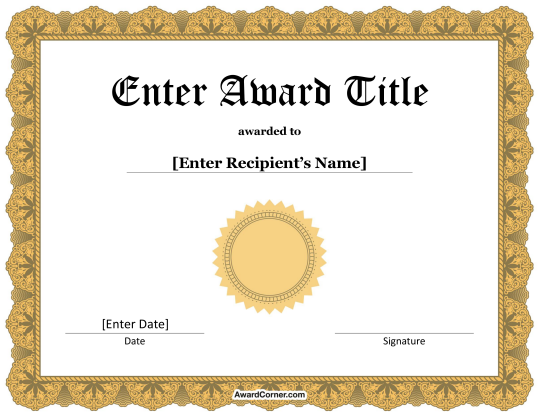 Gold Award Seal Certificate Template
