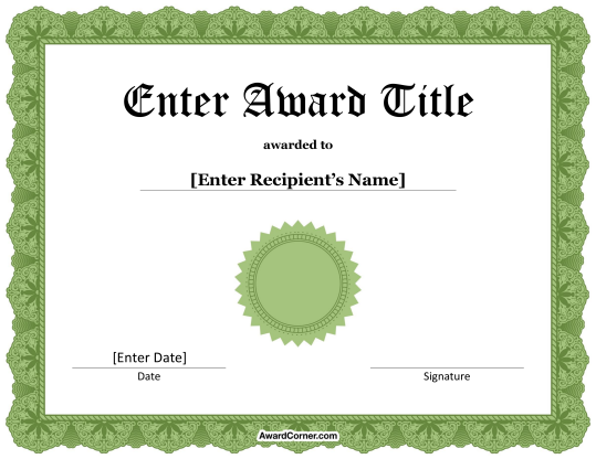 Certificate Template Green Green Award Seal Certificate Template