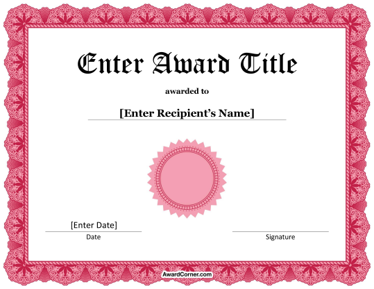 Maroon Award Seal Certificate Template