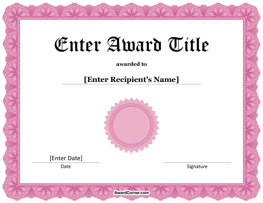 Pink Award Seal Certificate Template