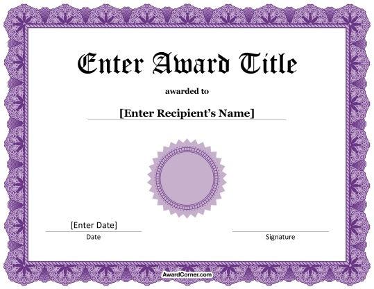 Purple Award Seal Certificate Template