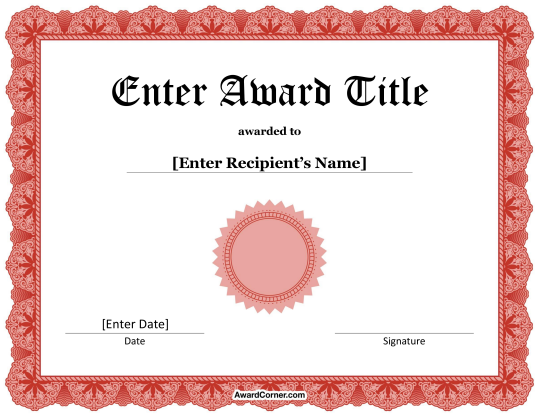 Red Award Seal Certificate Template